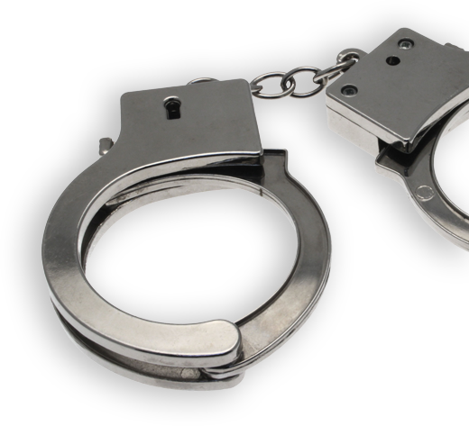 Metal handcuffs with a short chain, shown against a white background.