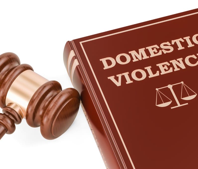 A gavel lies next to a book titled "Domestic Violence" with a justice scale symbol on the cover.