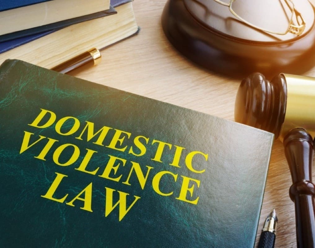 A book titled "Domestic Violence Law" is on a desk alongside a gavel, pen, and notepad.