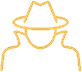 A yellow outline of a figure wearing a wide-brimmed hat and coat, resembling a mysterious or detective character, on a transparent background.