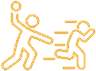 Two stick figures: one throws a ball, while the other runs away with arms raised in defense.