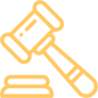 Illustration of a judge's gavel and sound block in yellow outline.